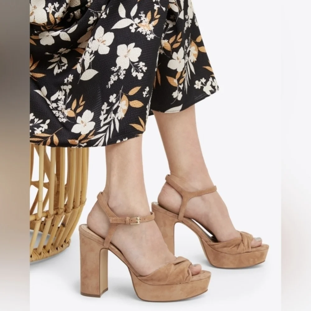 Draper James Tan Paloma Leather Platform Heels with Ankle Strap Summer Shoes